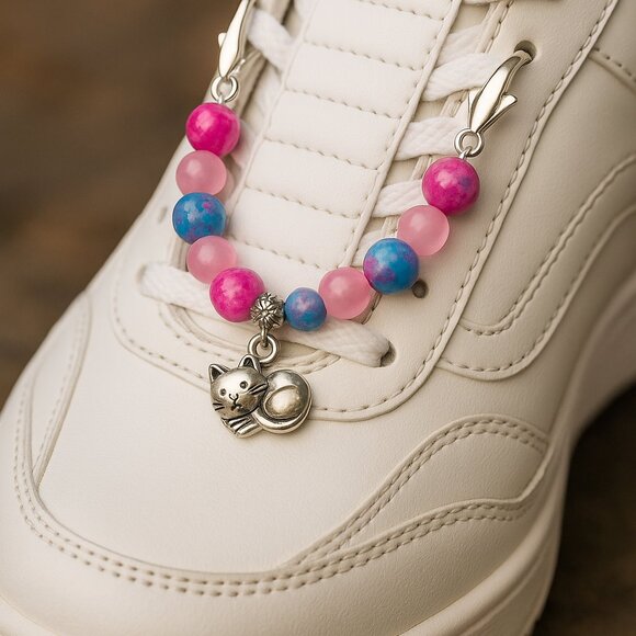 Handmade Shoe Charm – Pink & Blue Beaded Cat Charm - Picture 1 of 3